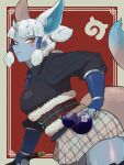  1girl absurdres animal_ears black_gloves black_shirt black_thighhighs blue_gloves blue_necktie blush collared_shirt cowboy_shot elbow_gloves extra_ears fingerless_gloves fox_ears fox_girl fox_tail ginkaku_(kemono_friends) gloves gourd grey_skirt highres horns japari_symbol kemono_friends long_sleeves necktie plaid_clothes plaid_skirt pleated_skirt puffy_sleeves quad_tails red_background shirt short_hair short_twintails sidelocks single_horn skirt slit_pupils solo tail thighhighs tlto1910 twintails white_hair yellow_eyes zettai_ryouiki 