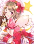  1girl ;d absurdres back_bow beret blunt_ends blush bow brown_hair character_doll crescent_moon doll dress dress_bow fake_wings gloves hacosumi hair_ornament hat hat_bow highres holding holding_stuffed_toy looking_at_viewer love_live! love_live!_nijigasaki_high_school_idol_club magical_girl moon nakasu_kasumi one_eye_closed open_mouth osaka_shizuku pink_dress pink_hat puffy_short_sleeves puffy_sleeves red_bow red_eyes short_hair short_sleeves sitting smile solo star_(symbol) stuffed_toy white_background white_gloves wing_hair_ornament wings x_hair_ornament 