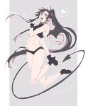  1boy abs ahoge alternate_costume armband bare_arms bare_legs bare_shoulders bikini black_bikini black_choker black_hair black_nails black_panties black_shirt black_socks choker crop_top crossdressing dated demon_boy demon_tail demon_wings fangs finger_to_mouth fingernails floating floating_hair full_body grey_background groin hair_ribbon hand_up heart highres kimako_(kimako_8) long_hair looking_at_viewer male_focus midriff modao_zushi nail_polish navel open_mouth otoko_no_ko panties pointy_ears ponytail red_eyes red_ribbon ribbon sharp_fingernails shirt sidelocks sleeveless sleeveless_shirt smile socks solo spoken_heart stirrup_footwear stirrup_legwear swimsuit tail toeless_legwear tongue tongue_out twitter_username underwear very_long_hair watermark wei_wuxian wings 