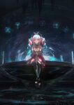  1girl altar aqua_bow aqua_bowtie aqua_eyes aqua_hair black_shoes bow bowtie dress drill_hair hashtag-only_commentary hat highres holding_water honkai:_star_rail honkai_(series) hyacine_(honkai:_star_rail) medium_hair multicolored_hair pantyhose pink_hair red_dress red_hat shoes sitting sky solo star_(sky) starry_sky twin_drills two-tone_hair weiwei483 white_pantyhose 
