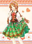  :d bad_id bad_pixiv_id blush braid brown_hair floral_print flower hair_flower hair_ornament hairband heart highres keiko. long_hair open_mouth original puffy_sleeves ribbon skirt skirt_hold smile solo twin_braids twintails vest yellow_eyes 