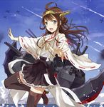  ahoge bare_shoulders battle black_hakama blue_sky boots brown_hair day detached_sleeves double_bun frilled_skirt frills grey_eyes hairband hakama headgear highres japanese_clothes jewelry kantai_collection kongou_(kantai_collection) leg_up long_hair looking_at_viewer machinery nontraditional_miko open_mouth outstretched_hand pleated_skirt ribbon-trimmed_sleeves ribbon_trim ring skirt sky solo stflash thigh_boots thighhighs wedding_band 