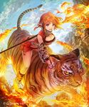  :d animal armor braid breasts cleavage copyright cygames hakou_(barasensou) large_breasts looking_at_viewer magic naginata official_art open_mouth orange_hair polearm purple_eyes riding shingeki_no_bahamut short_hair shorts smile striped tail tiger watermark weapon 