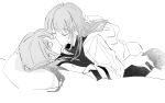  2girls aoki_hina bang_dream! bang_dream!_it&#039;s_mygo!!!!! blush chinese_commentary closed_eyes commentary_request greyscale hand_on_another&#039;s_head highres jacket jhon_trick kaname_raana kiss lying monochrome multiple_girls name_connection protected_link shirt sleeveless sleeveless_shirt takamatsu_tomori voice_actor voice_actor_connection youmiya_hina yuri 
