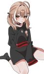  1girl absurdres ahoge animal_print bear_print black_choker black_hair black_ribbon black_shirt black_socks blush brown_eyes brown_hair choker commentary crossed_bangs dot_nose hair_between_eyes hair_intakes hair_ornament hair_ribbon hairpin hana20000920 highres hololive hololive_english lace lace_choker long_hair long_sleeves looking_at_viewer multicolored_hair nanashi_mumei open_mouth oversized_clothes oversized_shirt print_shirt ribbon shirt sidelocks simple_background sitting sleeves_past_fingers sleeves_past_wrists socks solo streaked_hair symbol-only_commentary twintails virtual_youtuber wariza white_background white_hair 