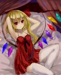  alternate_costume armpits arms_up asymmetrical_hair blonde_hair crystal dress flandre_scarlet hair_ribbon looking_at_viewer lying nightgown no_hat no_headwear on_back on_bed ookamisama parted_lips red_dress red_eyes ribbon side_ponytail sleeveless solo thighhighs touhou white_legwear wings 