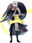  1girl ajirogasa bandage_over_one_eye bandaged_arm bandages breasts closed_mouth faust_(project_moon) full_body grey_scarf hand_wraps hat heishou_pack-mao_branch_(identity)_(project_moon) highres holding holding_sword holding_weapon large_breasts limbus_company looking_at_viewer one_eye_covered project_moon rice_hat scarf short_hair simple_background solo standing starhoshi sword weapon white_background white_hair yellow_eyes 