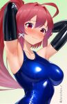  1girl ahoge armpits black_gloves blush breasts dorachan_r elbow_gloves gloves gradient_eyes green_background hair_ornament hair_ribbon highres i-168_(kancolle) kantai_collection latex long_hair looking_at_viewer multicolored_eyes one-piece_swimsuit ponytail red_eyes red_hair ribbon school_swimsuit solo swimsuit swimsuit_under_clothes upper_body 
