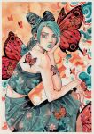  1girl absurdres aqua_eyes aqua_hair aqua_lips arm_tattoo bare_shoulders black_hair braid bug bun_with_braided_base butterfly butterfly_tattoo butterfly_wings cone_hair_bun double_bun hair_bun head_rest highres insect_wings jojo_no_kimyou_na_bouken kujo_jolyne long_skirt looking_at_viewer makeup midriff multicolored_hair orange_butterfly painting_(medium) red_butterfly single_braid sitting skirt solo stone_ocean strapless sword_tattoo tattoo teeth traditional_media two-tone_hair watercolor_(medium) wings xfkart 