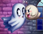 ambiguous_gender badday_(artist) bedsheet_ghost blush bodily_fluids boo_(mario) cheek_to_cheek crossover duo fangs ghost hi_res inside mario_bros mischevious napstablook nintendo open_mouth punctuation_marks round_body saliva spirit teeth tongue tongue_out undertale undertale_(series) window