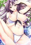  aotsuki_sakuya barefoot bikini black_hair blush braid breasts choco_chip chu_x_pet front-tie_top game_cg hair_ribbon highres large_breasts long_hair looking_at_viewer lying nipples on_back open_mouth ribbon side_braid smile solo swimsuit white_bikini yellow_eyes 