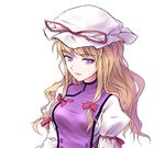  blonde_hair bow dress hair_bow hair_ornament hat hat_ribbon long_hair long_sleeves looking_at_viewer minust mob_cap open_mouth puffy_sleeves purple_eyes ribbon simple_background smile solo tabard touhou upper_body white_background white_dress yakumo_yukari 