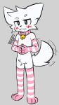 anthro arm_warmers armwear bell bell_collar blush boy_kisser_(meme) clothing collar domestic_cat felid feline felis femboy fennyru fur grey_background hi_res legwear looking_at_viewer male mammal meme silly_cat_(mauzymice) simple_background solo standing stockings tail thigh_highs watermark white_body white_fur