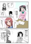  black_hair bow cardigan comic emphasis_lines hair_bow hideyuki_i love_live! love_live!_school_idol_project multiple_girls nishikino_maki partially_colored purple_eyes red_hair short_hair skirt translated twintails yazawa_nico 