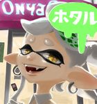  :d character_name dabohaze_(artist) detached_collar domino_mask earrings fangs finger_to_face gloves highres hotaru_(splatoon) jewelry mask object_on_head open_mouth pointy_ears short_hair silver_hair smile solo splatoon_(series) splatoon_1 upper_body white_gloves yellow_eyes 