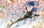  1boy anemo_symbol_(genshin_impact) armor belt black_belt black_bodysuit black_bridal_gauntlets black_leggings black_sandals black_shorts blue_cape blue_gemstone blue_hat blue_sky blunt_ends bodysuit bridal_gauntlets bright_pupils cape cherry_blossoms closed_mouth commission curled_fingers eyeliner eyeshadow falling_flower falling_petals fingernails flower full_body furisode gem genshin_impact gold gold_ring hair_intakes hakama hakama_shorts hat highres japanese_armor japanese_clothes jingasa kimono knee_up kote kurokote leg_warmers leggings looking_at_viewer looking_down makeup male_focus mandarin_collar middle_ring outdoors parted_bangs petals pink_flower pleated_shorts pom_pom_(clothes) purple_eyes purple_hair purple_rope purple_sash qiao2121 red_eyeliner red_eyeshadow rope sandals sash scaramouche_(genshin_impact) shorts sitting_on_branch sky slit_pupils smile solo split_mouth stirrup_legwear toeless_legwear toes tsurime v-shaped_eyebrows vision_(genshin_impact) wanderer_(genshin_impact) watermark white_leg_warmers white_pupils white_trim zouri 