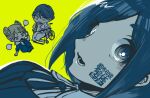  1boy 2girls blank_speech_bubble book chibi collared_shirt commentary_request cone_hair_bun copyright_name diagonal_bangs double_bun facial_tattoo fukurai_azami hair_bun highres holding holding_book holding_phone limited_palette looking_at_viewer meguriya_ayumu multiple_girls open_book open_mouth phone shirasu111210 shirt short_hair simple_background sitting smile speech_bubble talking_on_phone tattoo tomarigi_yasumi toshi_densetsu_kaitai_center translation_request wheelchair yellow_background 
