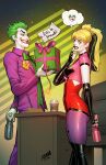  1boy 1girl alternate_costume batman_(series) black_boots black_gloves blonde_hair boots bow bowtie box breasts colored_skin david_nakayama dc_comics elbow_gloves fingerless_gloves gift gift_box gloves green_bow green_bowtie green_hair green_shirt grin harley_quinn highres holding holding_gift jacket joker_(dc) long_hair looking_at_another medium_breasts open_clothes open_jacket pants purple_jacket purple_pants red_lips shirt short_hair smile speech_bubble standing thought_bubble white_skin 