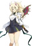  1girl absurdres ahoge aojiru_udon black_dress black_gloves blonde_hair closed_mouth dragon_horns dragon_wings dress duel_monster ecclesia_(yu-gi-oh!) gloves hair_between_eyes highres horns incredible_ecclesia_the_virtuous jacket long_hair looking_at_viewer ponytail simple_background smile solo thighs white_background white_jacket wings yellow_eyes yu-gi-oh! 
