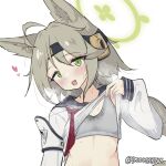  1girl ahoge animal_ears blue_archive blush brown_hair clothes_lift doombreak flat_chest fox_ears fox_girl green_eyes green_halo halo highres long_braid long_sleeves otogi_(blue_archive) school_uniform serafuku shirt_lift simple_background sports_bra steam sweat sweat_stain 