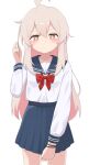  1girl absurdres ahoge blue_sailor_collar blue_skirt blush bow bowtie brown_eyes commentary covering_crotch covering_privates cowboy_shot embarrassed frown hair_between_eyes hand_up highres long_hair long_sleeves looking_at_viewer mooramango onii-chan_wa_oshimai! oyama_mahiro pee peeing peeing_self pink_hair pleated_skirt red_bow red_bowtie sailor_collar school_uniform serafuku simple_background skirt solo straight-on sweat white_background 