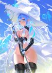  1girl absurdres black_boots blue_eyes blue_hair blue_tongue boots breasts bridal_gauntlets cameltoe cloud colored_extremities colored_tongue commentary cowboy_shot cumulonimbus_cloud day english_commentary floating_hair fold-over_boots hat highleg highleg_leotard highres holding holding_staff large_breasts leotard long_hair long_pointy_ears looking_at_viewer mage_staff open_mouth original outdoors paulluxh pointy_ears puffy_short_sleeves puffy_sleeves short_sleeves shrug_(clothing) slime_(creature) solo staff standing thigh_boots very_long_hair white_hat witch_hat 
