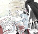  2girls aver_(yumenokessho) bang_dream! bang_dream!_it&#039;s_mygo!!!!! black_capelet blonde_hair blue_hair bow capelet ccc_cloudy center_frills closed_mouth collared_shirt commentary_request doloris_(bang_dream!) finger_to_mouth frilled_capelet frills hair_bow hair_bun hair_ornament hairclip highres lap_pillow looking_at_another misumi_uika multiple_girls puffy_short_sleeves puffy_sleeves purple_eyes red_bow shirt short_hair short_sleeves sitting smile togawa_sakiko white_shirt yellow_eyes yumenokessho yuri 