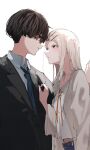  1boy 1girl 3_sai black-framed_eyewear black_hair black_suit blonde_hair blue_necktie camisole dress_shirt eye_contact gakuen_idolmaster glasses hetero highres idolmaster long_hair looking_at_another necktie producer_(idolmaster) robe shinosawa_hiro shirt straight_hair suit upper_body white_camisole white_robe white_shirt 