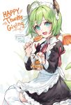  1girl :d ahoge apron bag black_dress blue_eyes candy commentary copyright_request dated dragon_girl dragon_horns dragon_tail dragon_wings dress english_commentary fang feet_out_of_frame food food_on_face frilled_apron frilled_dress frills green_hair highres holding holding_bag holding_candy holding_food holding_lollipop horns juliet_sleeves kobutanori lollipop long_sleeves looking_at_viewer maid mini_wings neck_ribbon orange_wings plastic_bag puffy_sleeves red_ribbon ribbon signature smile solo tail thighhighs virtual_youtuber white_apron white_background white_thighhighs wings 