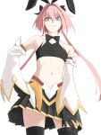  1boy animal_ears armlet astolfo_(fate) astolfo_(saber)_(fate) bell_sleeves black_bow black_bowtie black_gloves black_thighhighs bow bowtie cowboy_shot crossdressing facing_viewer fake_animal_ears fate/apocrypha fate/grand_order fate_(series) gloves hair_bow hand_on_own_hip hand_on_own_leg hekituki8250 highres jewelry long_hair looking_at_viewer male_focus midriff multiple_hair_bows navel otoko_no_ko pink_eyes pink_hair pleated_skirt rabbit_ears skirt smile solo solo_focus thighhighs twintails white_background 