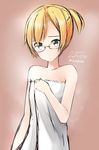  artist_name bad_id bad_pixiv_id bespectacled black_eyes blonde_hair dated glasses kantai_collection maikaze_(kantai_collection) naked_towel nekobaka pink_background short_hair simple_background solo towel twitter_username 