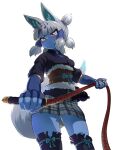  1girl absurdres animal_ears belt black_shirt black_thighhighs blue_bow blue_gloves blue_necktie blue_skin blush bow bow_legwear bracelet brown_belt collared_shirt colored_skin cowboy_shot elbow_gloves extra_ears fingerless_gloves fox_ears fox_girl fox_tail from_below frown fur_trim ginkaku_(kemono_friends) gloves gourd grey_skirt hair_tubes highres horns jewelry kemono_friends long_sleeves mcgunngu necktie plaid_clothes plaid_skirt pleated_skirt puffy_sleeves quad_tails shirt short_sleeves short_twintails sidelocks single_horn skirt solo tail thighhighs twintails whip white_fur white_hair yellow_eyes zettai_ryouiki 