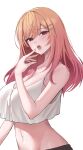  1girl absurdres bare_shoulders blush breasts camisole cleavage collarbone drooling gradient_hair groin hair_between_eyes hair_ornament hairclip highres hololive hololive_dev_is ichijou_ririka large_breasts long_hair looking_at_viewer mouth_drool multicolored_hair navel open_mouth orange_eyes orange_hair pink_hair saliva saliva_on_hand simple_background solo steelball_(jwk76806995) stomach teeth tongue tongue_out two-tone_hair upper_teeth_only virtual_youtuber white_background white_camisole 