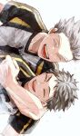  2boys akaashi_keiji arm_around_shoulder black_hair bokuto_koutarou fukurodani_volleyball_uniform haikyuu!! happy highres ilst_prac_hq male_focus multicolored_hair multiple_boys open_mouth short_hair sideways simple_background smile sportswear streaked_hair teeth tongue two-tone_hair upper_body volleyball_uniform white_background white_hair 