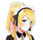  ayase_eli blonde_hair blue_eyes blush collared_shirt embarrassed frown looking_at_viewer love_live! love_live!_school_idol_project maid_headdress ponytail portrait scrunchie shirt simple_background solo totoki86 white_background 