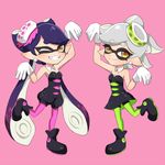  aori_(splatoon) bad_id bad_pixiv_id breasts cleavage cousins detached_collar domino_mask earrings fangs food food_on_head gloves green_legwear grin hotaru_(splatoon) jewelry long_hair mask mole mole_under_eye multiple_girls object_on_head one_eye_closed orange_eyes pantyhose pink_background pointy_ears purple_legwear riko_(sorube) short_hair short_jumpsuit simple_background small_breasts smile splatoon_(series) splatoon_1 sushi tentacle_hair unitard white_gloves 