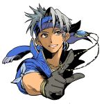  1boy arm_up black_gloves blue_eyes blue_gemstone blue_headband blue_jacket d_d_work earrings final_fantasy final_fantasy_vi gem gloves grey_hair headband jacket jewelry locke_cole male_focus necklace parted_lips pointing popped_collar shirt short_hair smile solo spiked_hair teeth upper_body white_background white_shirt 