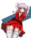 arms_up breasts center_opening dress elbow_gloves fatkewell garter_straps gloves grey_hair medium_breasts red_eyes solo thighhighs white_gloves white_legwear 