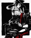  1boy 1girl alternate_costume black_background black_boots black_choker black_hair black_jacket black_nails black_pants black_wrist_cuffs boots border breasts chest_strap choker cigarette collared_shirt commentary_request couple eren_yeager feet_out_of_frame hair_between_eyes hetero highres holding holding_cigarette jacket medium_breasts medium_hair mikasa_ackerman nail_polish pants qui_dui_zi shingeki_no_kyojin shirt short_hair straddling twitter_username white_border white_shirt wrist_cuffs 