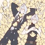  2boys age_comparison animalization arms_behind_head bare_arms bare_shoulders belt belt_buckle bird black_belt black_jacket black_shirt blue_eyes brown_belt buckle chest_strap closed_eyes closed_mouth cloud_strife final_fantasy final_fantasy_vii final_fantasy_vii_ever_crisis grey_hair hair_between_eyes hands_on_own_chest highres jacket long_bangs long_hair multiple_belts multiple_boys own_hands_together parted_bangs sephiroth sephiroth_(ever_crisis) shirt short_hair sleeveless sleeveless_turtleneck smile spiked_hair time_paradox too_many too_many_birds turtleneck twitter_username yellow_bird zi_(murasaki0615) 
