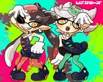  ;) aori_(splatoon) ban_(3551702) black_hair blush cousins domino_mask dress earrings fangs food food_on_head gloves green_legwear grin hair_rings hotaru_(splatoon) jewelry long_hair mask mole mole_under_eye multiple_girls object_on_head one_eye_closed open_mouth orange_eyes pantyhose pointy_ears red_legwear short_jumpsuit silver_hair smile splatoon_(series) splatoon_1 strapless strapless_dress sushi unitard white_gloves 