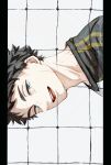  1boy akaashi_keiji black_hair blue_eyes fukurodani_volleyball_uniform haikyuu!! highres ilst_prac_hq looking_at_viewer male_focus nose open_mouth pillarboxed shirt short_hair sideways simple_background solo sportswear teeth tongue volleyball_net volleyball_uniform white_background 