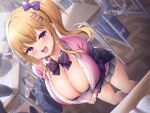  1girl absurdres bag blonde_hair blue_bow blue_bowtie blue_jacket blurry blurry_foreground blush book bow bowtie bra breasts cardigan chair classroom cleavage desk dutch_angle grey_skirt gyaru hair_between_eyes hair_bow hair_ornament hairclip highres huge_breasts indoors jacket kogal leaning_forward long_hair long_sleeves looking_at_viewer loose_socks miniskirt multicolored_bow multicolored_bowtie open_book open_clothes open_mouth open_shirt original pink_bow pink_bowtie pink_cardigan pleated_skirt ponytail purple_bow purple_bra purple_eyes school_bag school_chair school_desk school_uniform shirt sidelocks skirt smile socks solo_focus striped_bow striped_bowtie striped_clothes thighs tongue two-tone_bow two-tone_bowtie underwear wakuta_chisaki white_shirt white_socks wooden_floor 