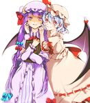  ashisaki bat_wings blue_hair blush book bow capelet cheek_pull crescent dress fingersmile flower grin hair_bow hair_ornament hat hat_ribbon long_hair long_sleeves looking_at_viewer mob_cap multiple_girls patchouli_knowledge pointy_ears puffy_sleeves purple_eyes purple_hair red_eyes remilia_scarlet ribbon rose shaded_face shirt short_hair short_sleeves simple_background skirt skirt_set smile striped striped_dress touhou very_long_hair vest white_background wings 