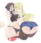 2girls :d absurdres ass bare_arms bare_shoulders black_panties black_tank_top blue_eyes blue_shorts bonnouji_momoha breast_press breasts brown_hair chaps clothes_pull commentary english_commentary finger_to_mouth green_hair hand_on_another&#039;s_back hand_on_another&#039;s_waist highres hornfelstone kimi_no_koto_ga_dai_dai_dai_dai_daisuki_na_100-nin_no_kanojo large_breasts long_hair multiple_girls navel open_mouth panties pants pants_pull red_eyes red_pants short_hair short_shorts shorts simple_background smile symmetrical_docking tank_top tongue tongue_out track_pants underwear white_background yamato_nadeshiko_(hyakkano) yuri 