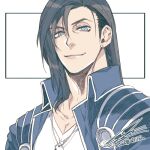  1boy black_hair blue_eyes blue_jacket closed_mouth dated dog_tags earrings final_fantasy final_fantasy_viii hair_between_eyes hiryuu_(kugelcruor) jacket jewelry laguna_loire long_hair looking_at_viewer male_focus portrait shirt signature single_earring smile solo swept_bangs upper_body white_shirt 