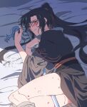  1boy ahoge bare_legs bed_sheet between_legs black_hair black_hanfu blush chinese_clothes closed_mouth dated grey_eyes hair_ribbon hanfu hickey highres holding holding_sword holding_weapon implied_yaoi kimako_(kimako_8) long_hair looking_at_viewer lying male_focus modao_zushi on_bed on_side otoko_no_ko ponytail red_ribbon ribbon robe sash shade sheath sheathed sidelocks smile solo sweat sword sword_between_thighs sword_tassel tassel twitter_username watermark weapon weapon_between_legs wei_wuxian wide_sleeves 
