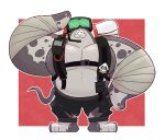 anthro backpack belly big_man_(splatoon) bottomwear clothing denilsexo electronics eyewear fish flat_body gesture goggles grey_body headgear headphones headset hi_res male manta_ray marine musclegut muscular nintendo pants pecs ray_(fish) salute smile solo splatoon stingray