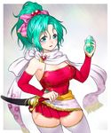  blush breasts cape cleavage detached_sleeves final_fantasy final_fantasy_vi green_hair jewelry large_breasts long_hair magicite miniskirt onsoku_maru pleated_skirt ponytail scarf sheath side_slit skirt solo sword thighhighs thighs tina_branford weapon white_legwear zettai_ryouiki 
