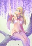  bare_shoulders blonde_hair blue_eyes bracelet detached_sleeves flower gypsy_(ragnarok_online) jewelry kawagoe_pochi long_hair md5_mismatch navel necklace parted_lips ragnarok_online see-through solo wisteria 